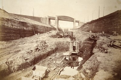 Latchford Viaduct, som visar lås på avstånd (sepiafoto) av Thomas Birtles